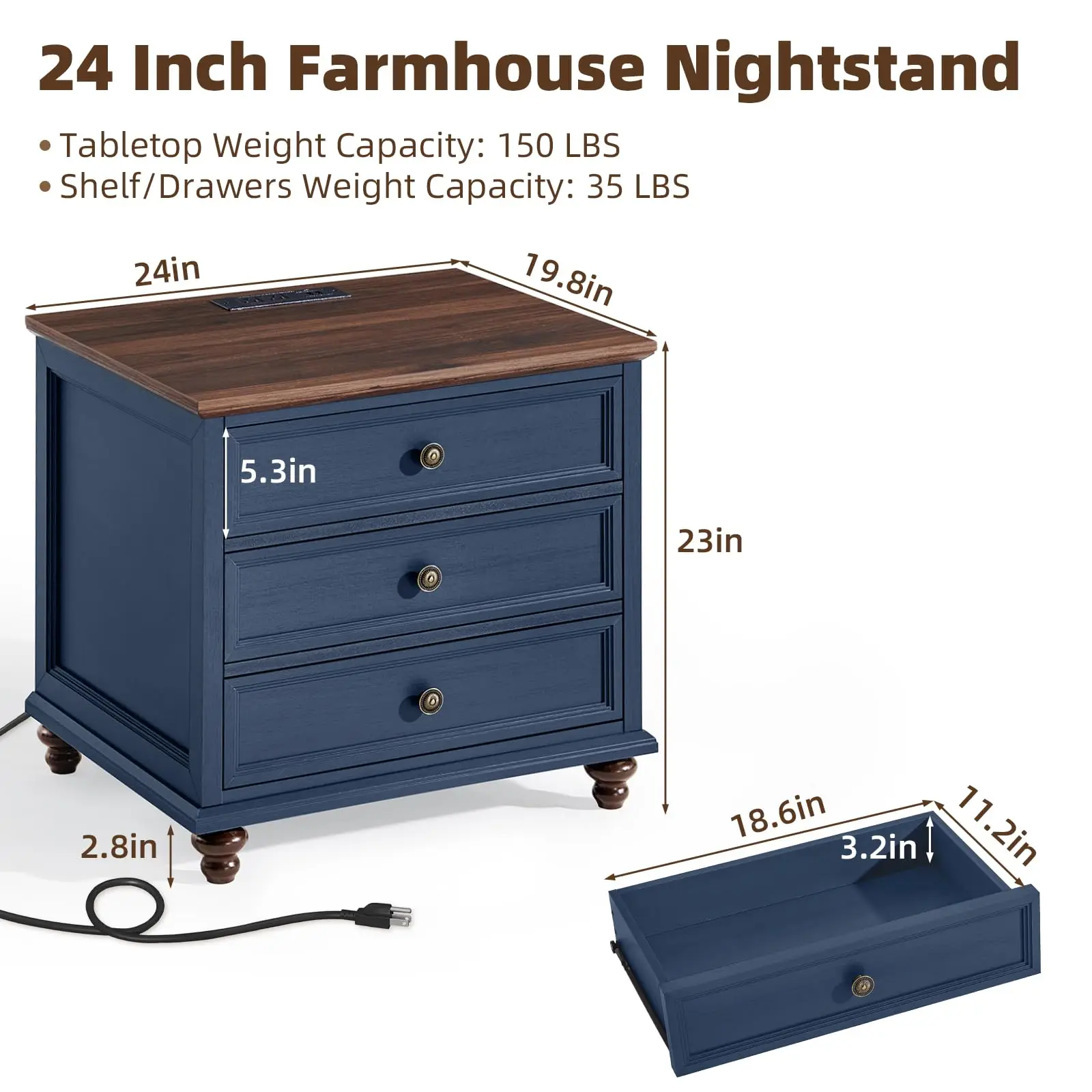 Farmhouse Nightstand Set of 2 with Charging Station, 24