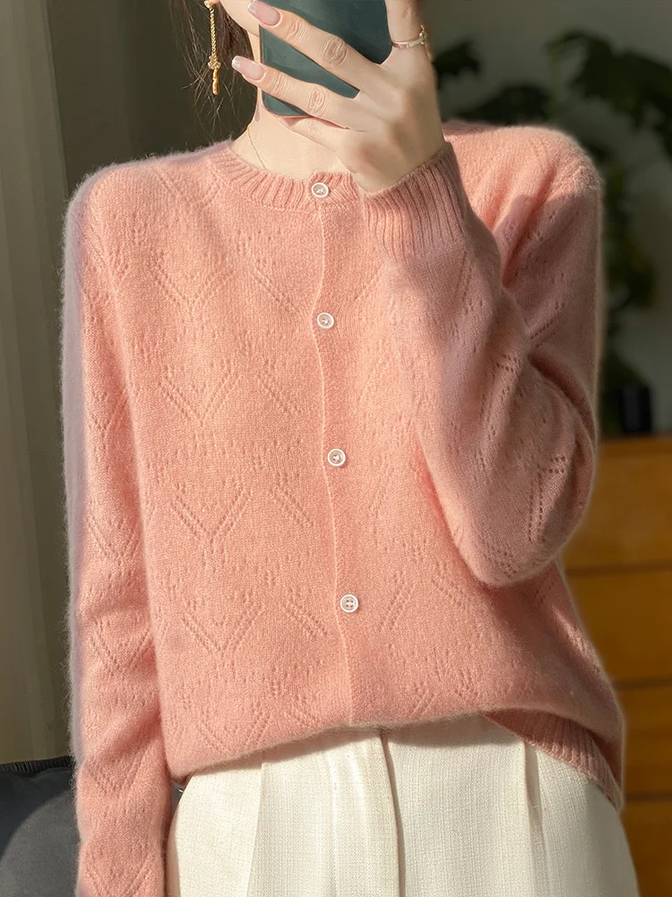 ADDONEE Women O-neck Cardigan Spring Summer Hollow Long Sleeve Simple Style Basic Sweater 100% Merino Wool Knitwear Korean Tops