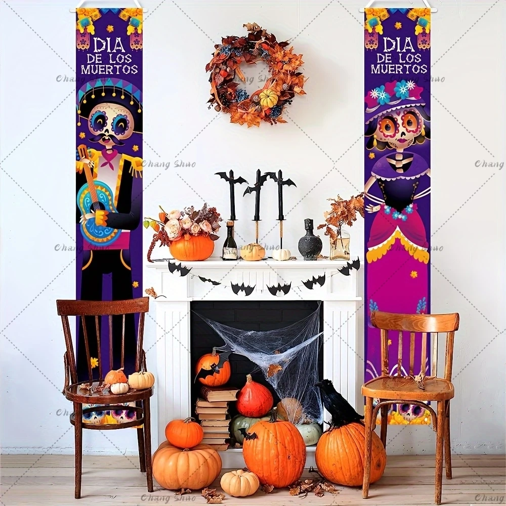 Mexican Day Of The Dead Party Porch Sign Halloween Hanging Door Curtain Banner Picado Papel Mexican Fiesta Sign Party Decoration