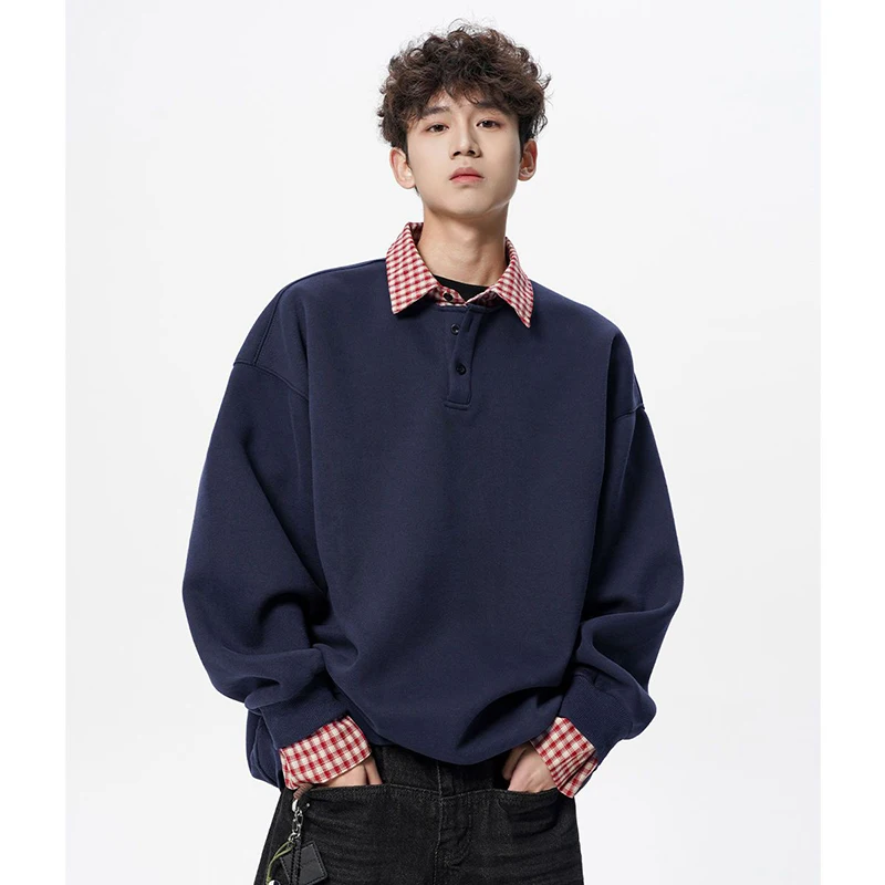 Vintage Spliced Plaid Men Long Sleeve Polo Sweatshirt Fall Winter Teenager Loose Preppy Style Fashion Simple Fake Two Piece Tops