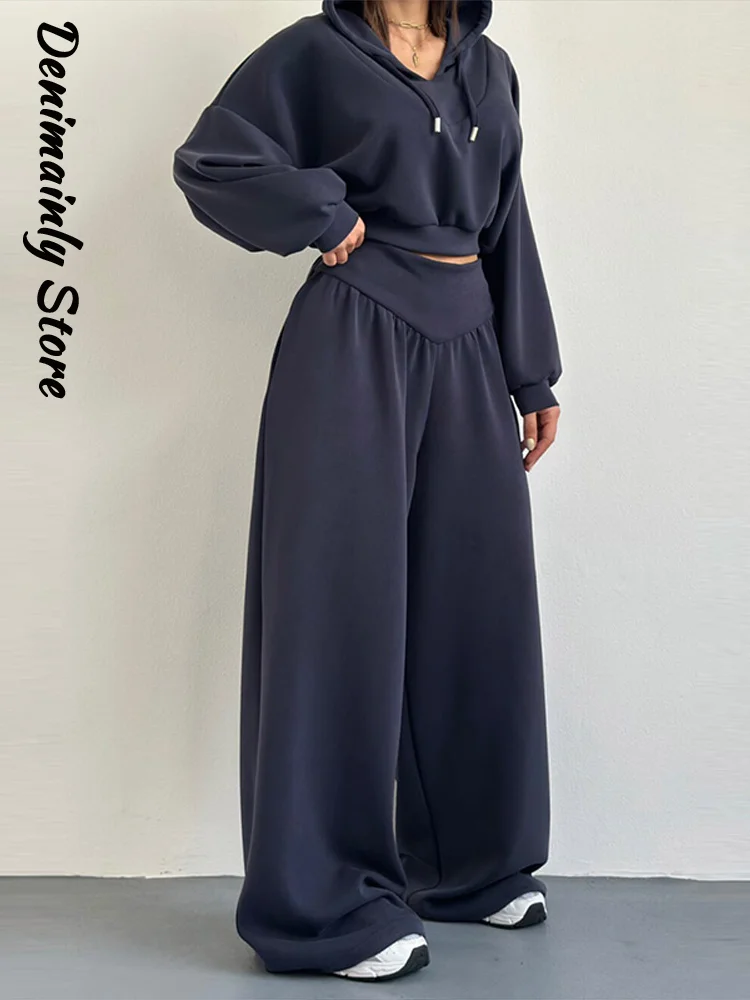 Casual Dark Blue Cropped Hoodie Pants Set Women Loose Short Pullover High Waist Wide Leg Trousers 2 Piece Set 2026 Female Outfit