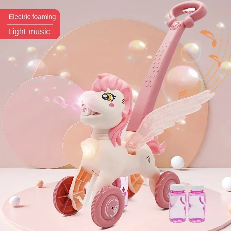 Pony Electric Bubble Machine Children\'s Hand Push Cartoon Unicorn Bubble Car Music Lighting Children\'s Toys Soap Water Birthday