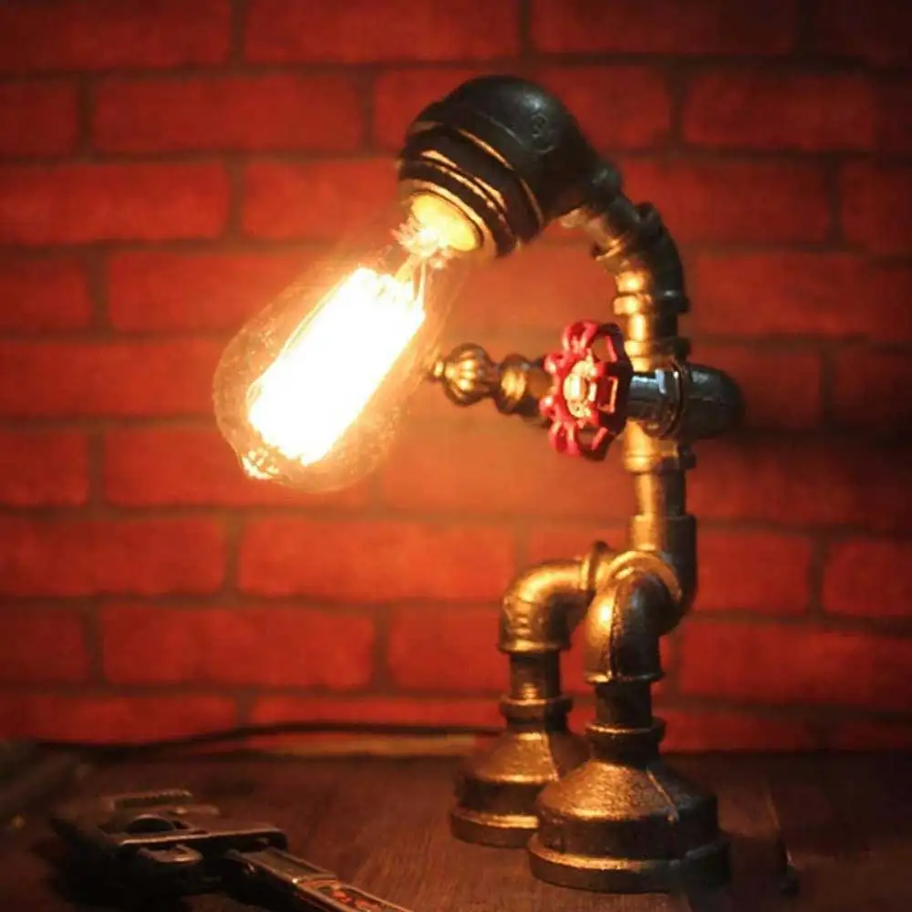 Retro Industrial Steampunk Lamp, Antique Iron Robot Metal Pipe Desk Table Lamp for Room Decor