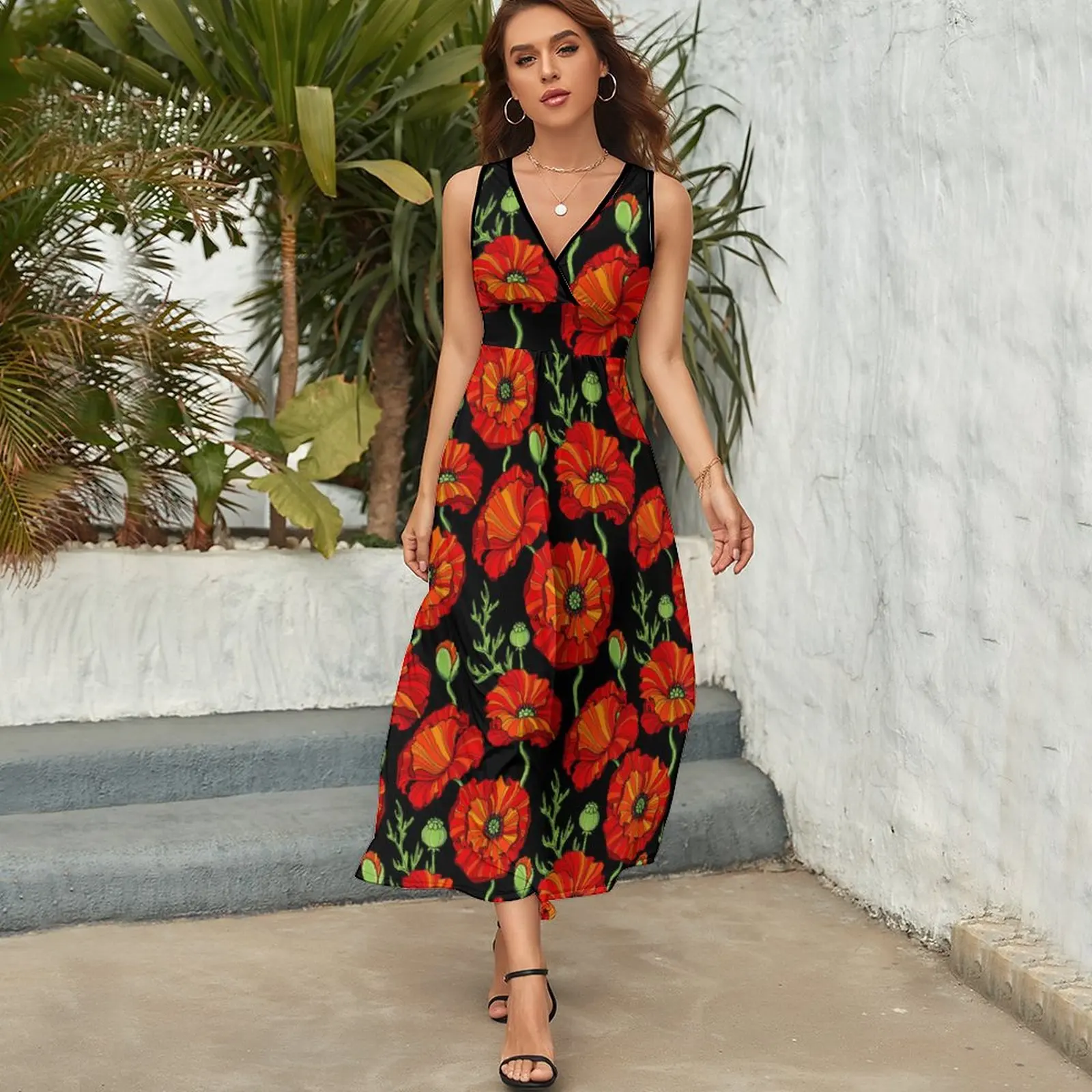 Red Poppy Flowers Dress Aesthetic Bohemia Long Dresses Female Party Printed Maxi Dress Birthday Present