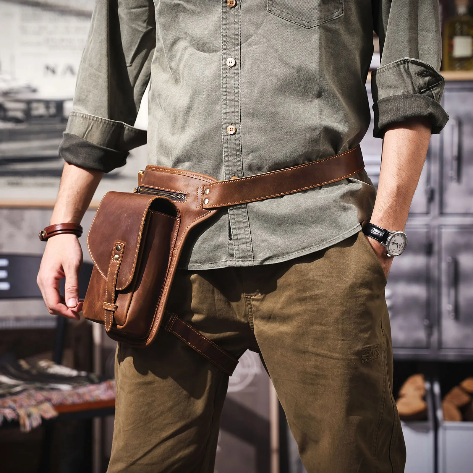 Vintage Herren Echtes Leder Taille Tasche Casual Schulter Taschen Top Schicht Rindsleder Outdoor Handy Holster Crazy Horse Leder – Detail 5