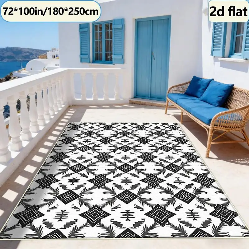Black and White Aztec Tribal Diamond Pattern Carpet Floor Decoration Ethnic Style Non-Slip Carpet Decorative Mat, Suitable for Home Decoration