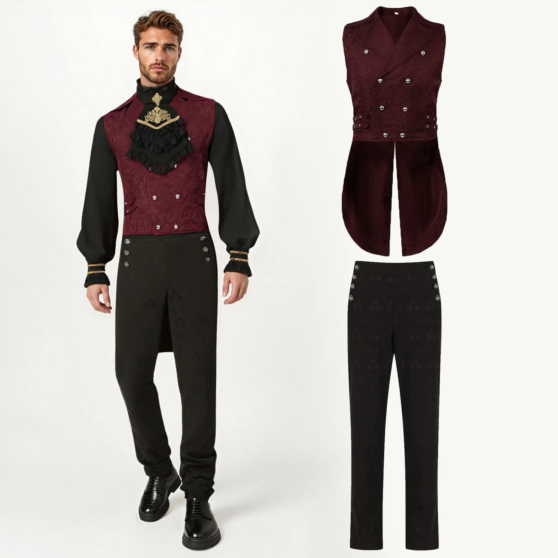 

Многослойная мужская рубашка из Европы и Америки на Хэллоуин с вышитым воротником, рюшами по подолу, длинными рукавами и плиссированными манжетами