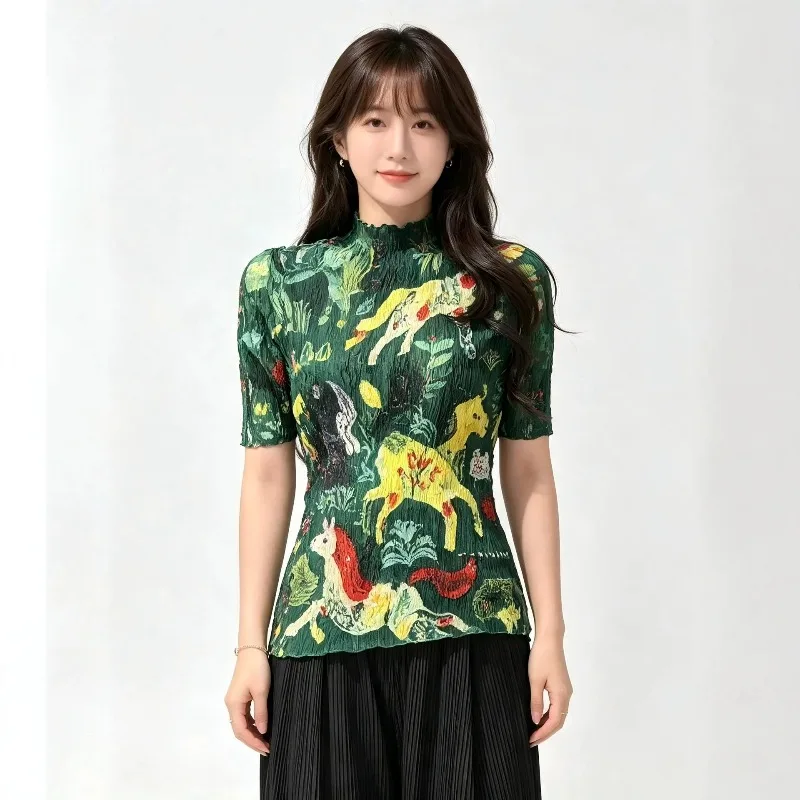 Miyake Pleated 2026 Gradient Fashion Short Sleeve Pleated Top Slim Fit Versatile Lazy Design Half High Neck T-Shirt for Women