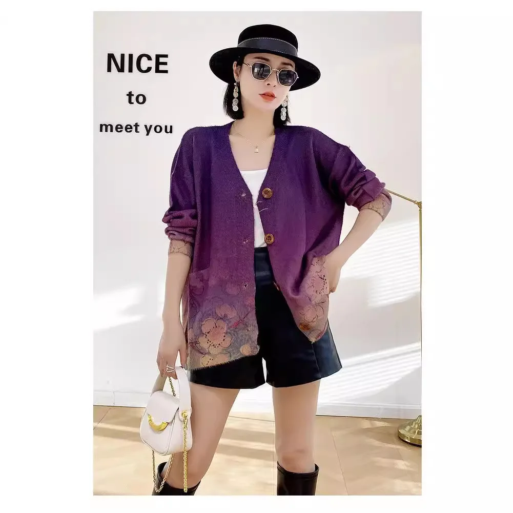 

2024 New Mink Fur Knitted Cardigan V-Neck Top With Loose Print And Breasted Fashionable Versatile Jacket For Women