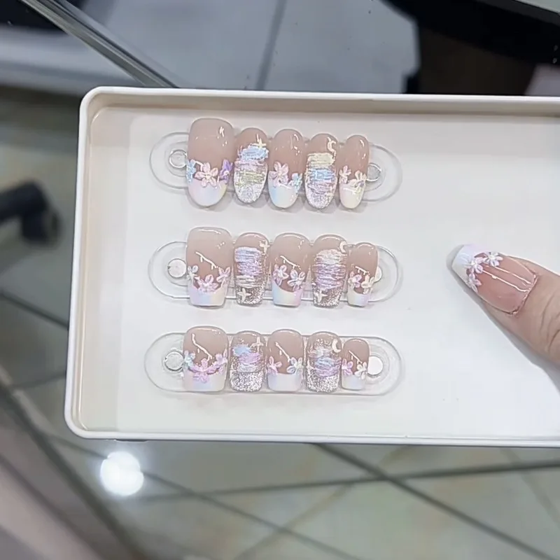 اليدوية لصقها الأظافر نعش الصحافة على الأظافر الاكريليك الربيع الصيف مسمار نصائح متعدد الألوان الزهور الأظافر كاذبة مع صندوق وأدوات