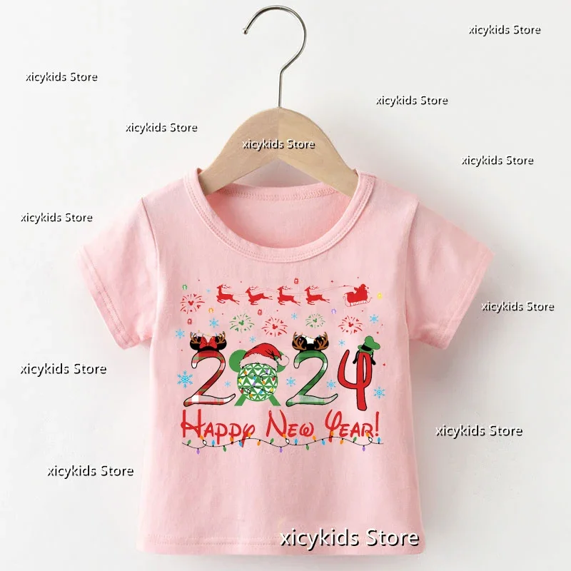 

New Year Clothes Christmas Girls Tshirt Cute Children 2023 Goodbye Hello 2024 Graphic Printed Kids Tshirt Christmas Clothes