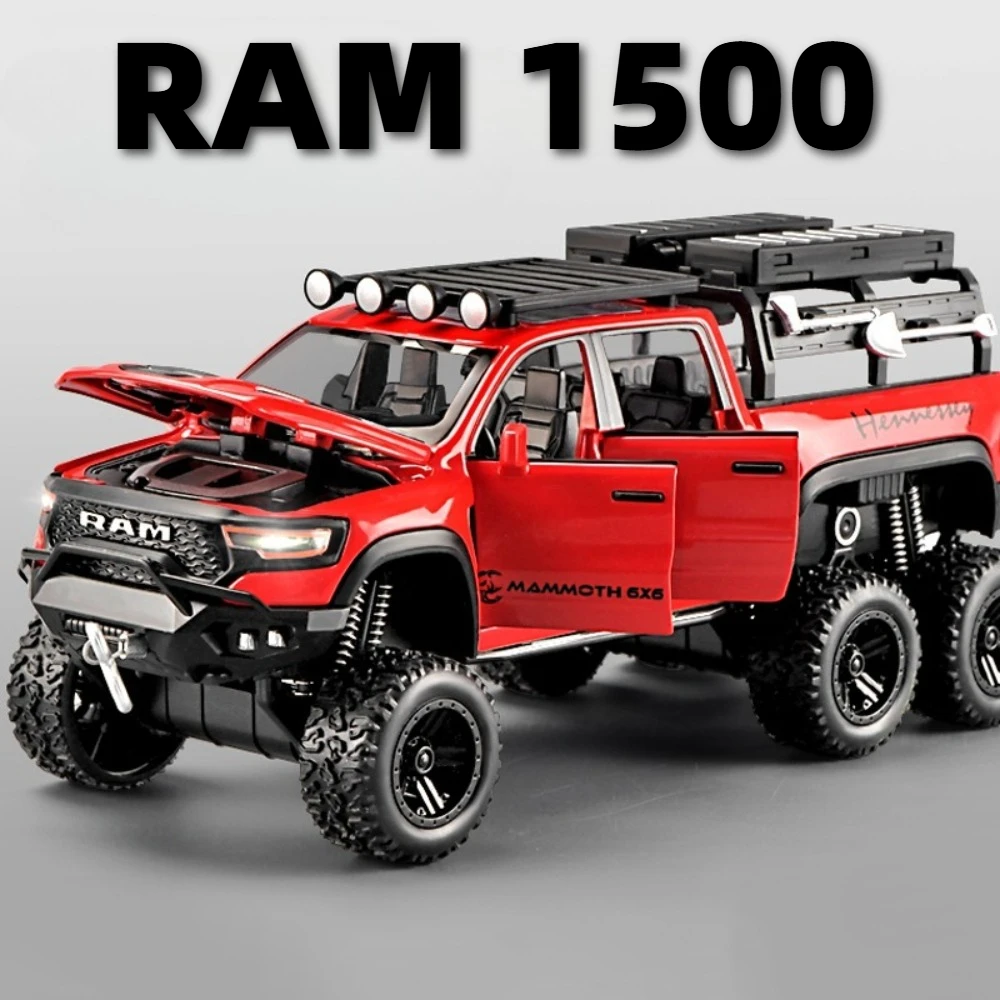1:32 RAM 1500 Tyrannosaurus Rex Modello di auto Giocattolo Assorbimento degli urti Suono Luce Tirare indietro 6X6 Veicoli fuoristrada Regali di festa