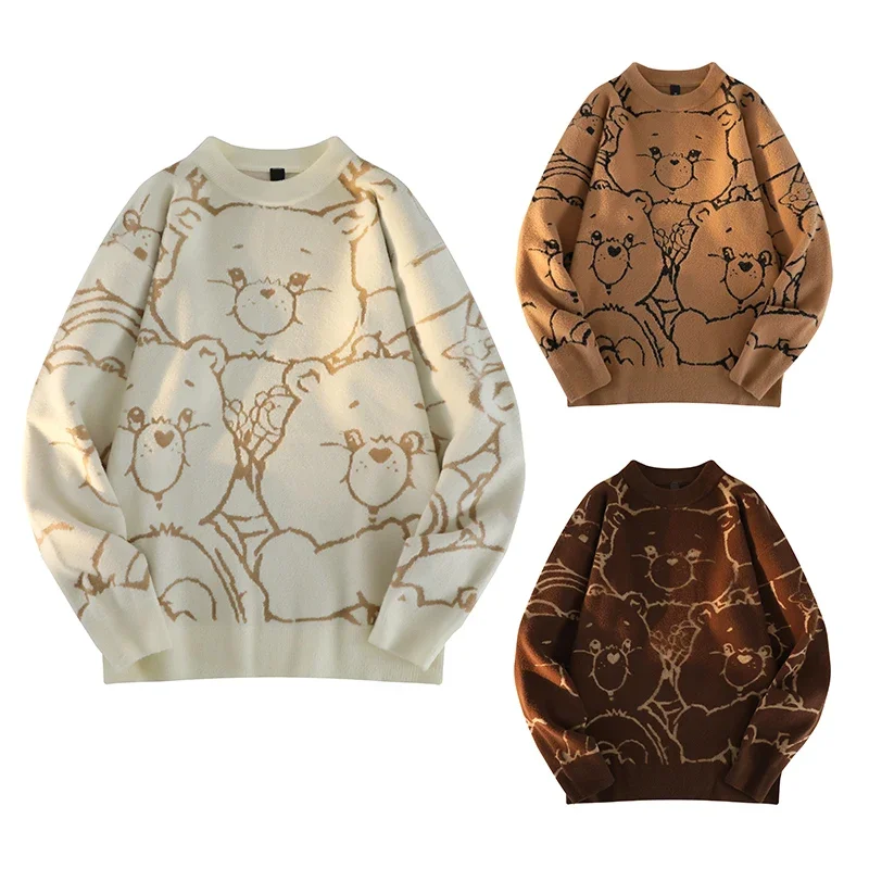 Männer niedlichen Bären pullover Rundhals ausschnitt Langarm Strick pullover im japanischen Stil voll bedruckte warme lässige Pullover für Männer