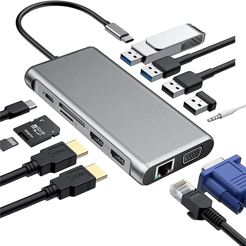 

12-в-1 док-станция типа C USB C Hub 3.0 Разветвитель Многопортовый адаптер 4K HDMI-совместимый RJ45 SD/TF VGA PD для ноутбука