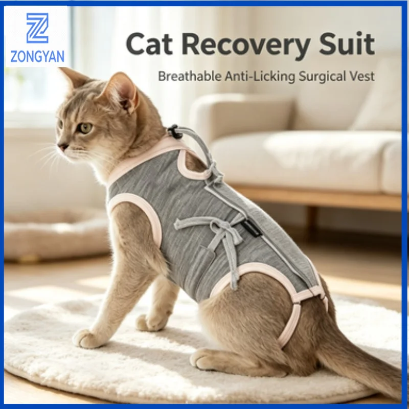 ZONGYAN Cat Recovery Suit Breathable Magic Tape Surgical Vest Anti Licking Wear Spay Neuter Wound Healing Kitten Post Operatio