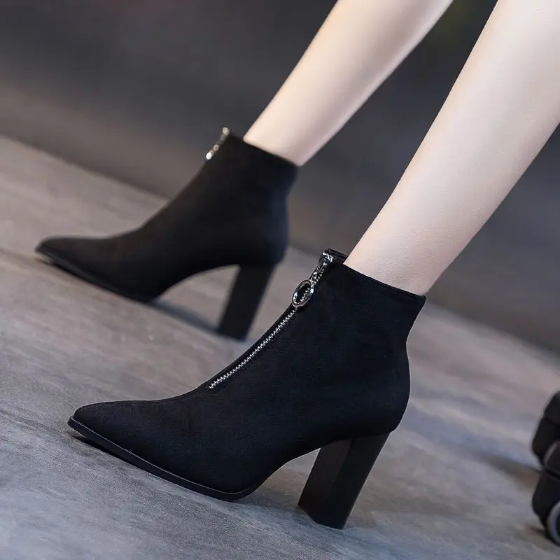 Short Shoes For Women Suede Female Ankle Boots Work Booties Pointed Toe Black On Offer Promotion Hot Fashion 2025 Footwear Pu 39