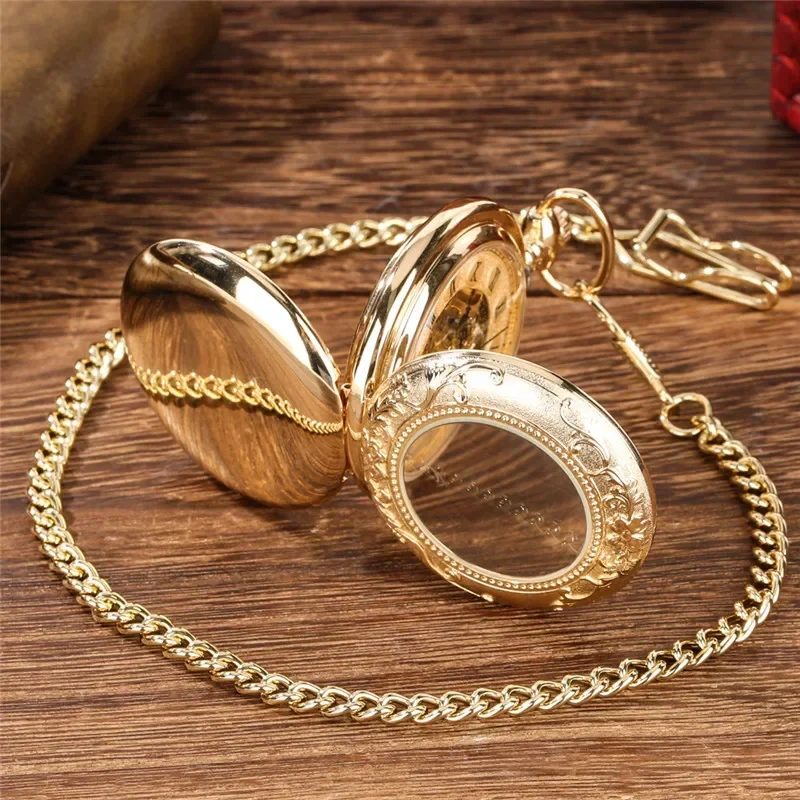 Luxury Golden Double Hunter Handwinding Mechanical Pocket Watch Roman Number Dial with Pendant Chain Retro Timepiece Gift