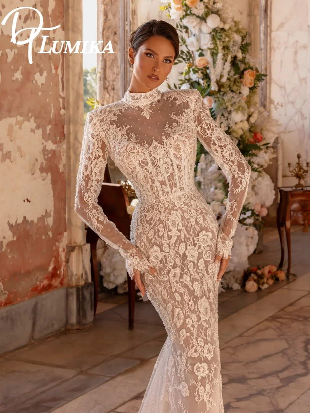 

Classical High-Neck Sheer-Lace Wedding Dress 2026 Romantic Mermaid Bridal Gown Fashion Floor-Length Bridal Dress Robe De Mariée