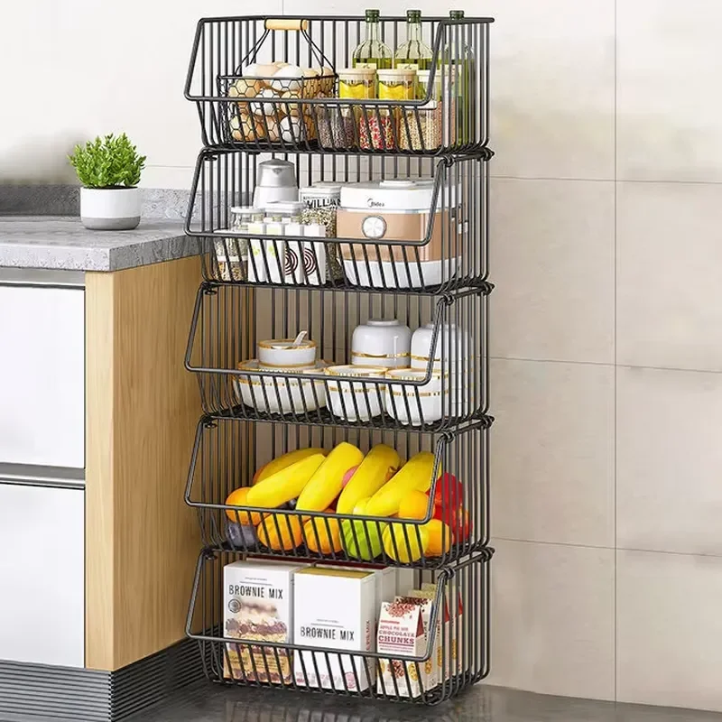 5 Tier Black Metal Kitchen Storage Rack Fruit Vegetable Basket Organizer Shelf Stand for Pantry Countertop Home Organization
