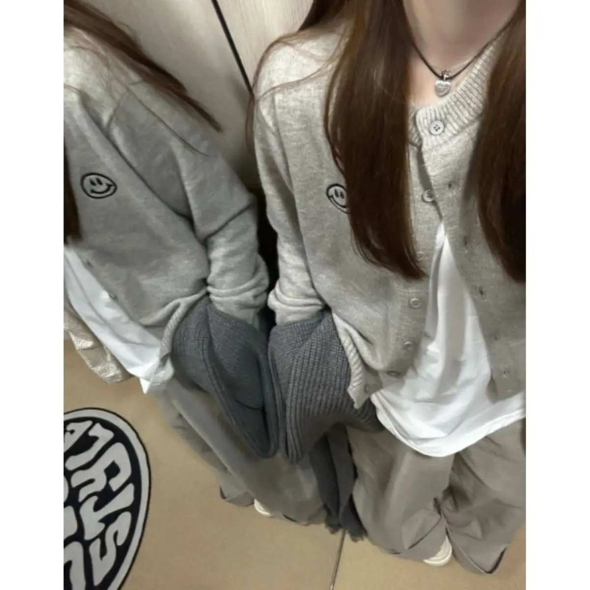 Korean College Style Gray Sweater Sweater Cardigan Coat Female Spring Short Slim Blouse