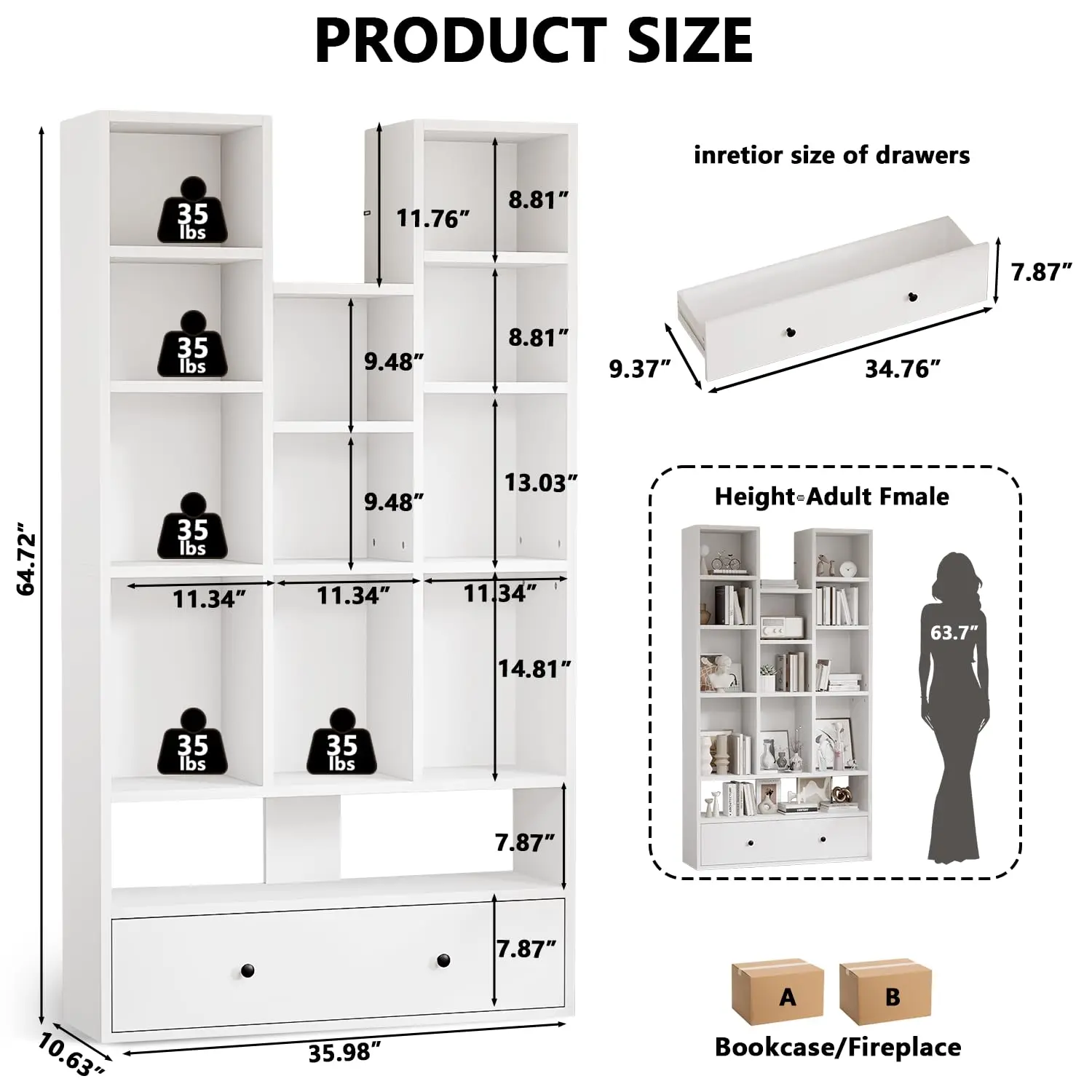 65‑Inch 5‑Tier Wood Bookshelf with Drawer Storage Cabinet for Home, Customized