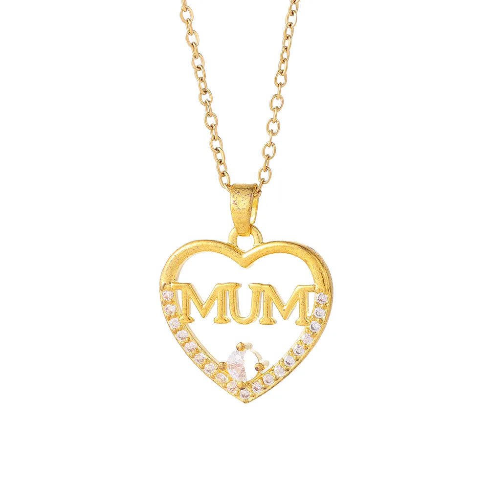 2025 Non Tarnish Mother's Day Necklace Dainty Stainless Steel Love Heart Zirconia Mum Pendant Necklace for Gift