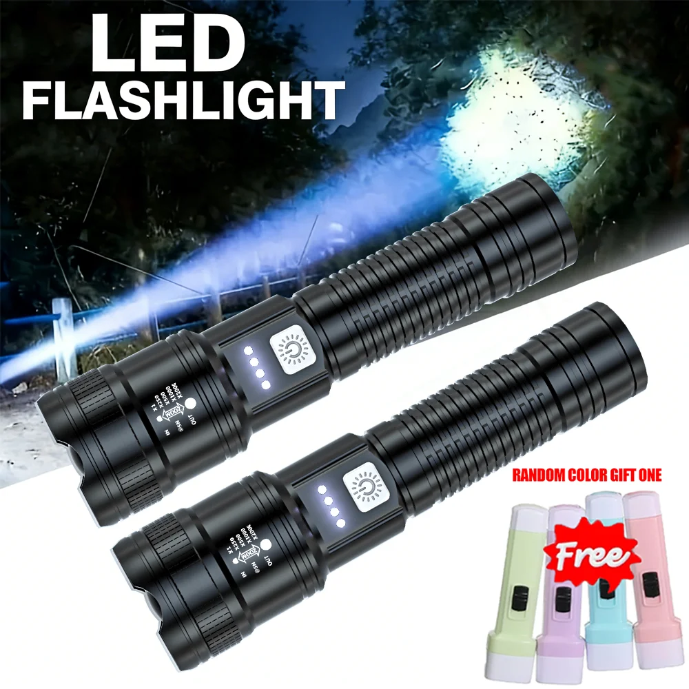 Powerful LED Flashlight USB Rechargeable Torch Telescopic Zoom Light with Power Display Outdoor Hiking Fishing Emergency Lantren
