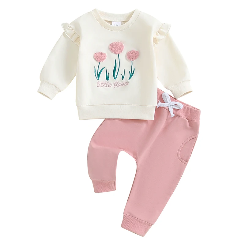 

Toddler Girls Set Floral Embroidered Long Sleeve Ruffled Sweatshirt Drawstring Pocket Long Pants Adorable Outfits