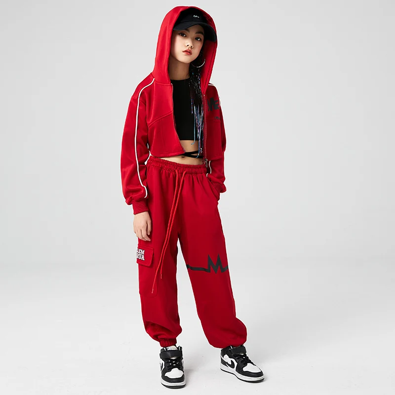 Kids Stage Wear Hip Hop Clothing Red Crops Hoodie Tops Shirt Jogger Pants For Girls Teenager Jazz Dance Costume Street Clothes