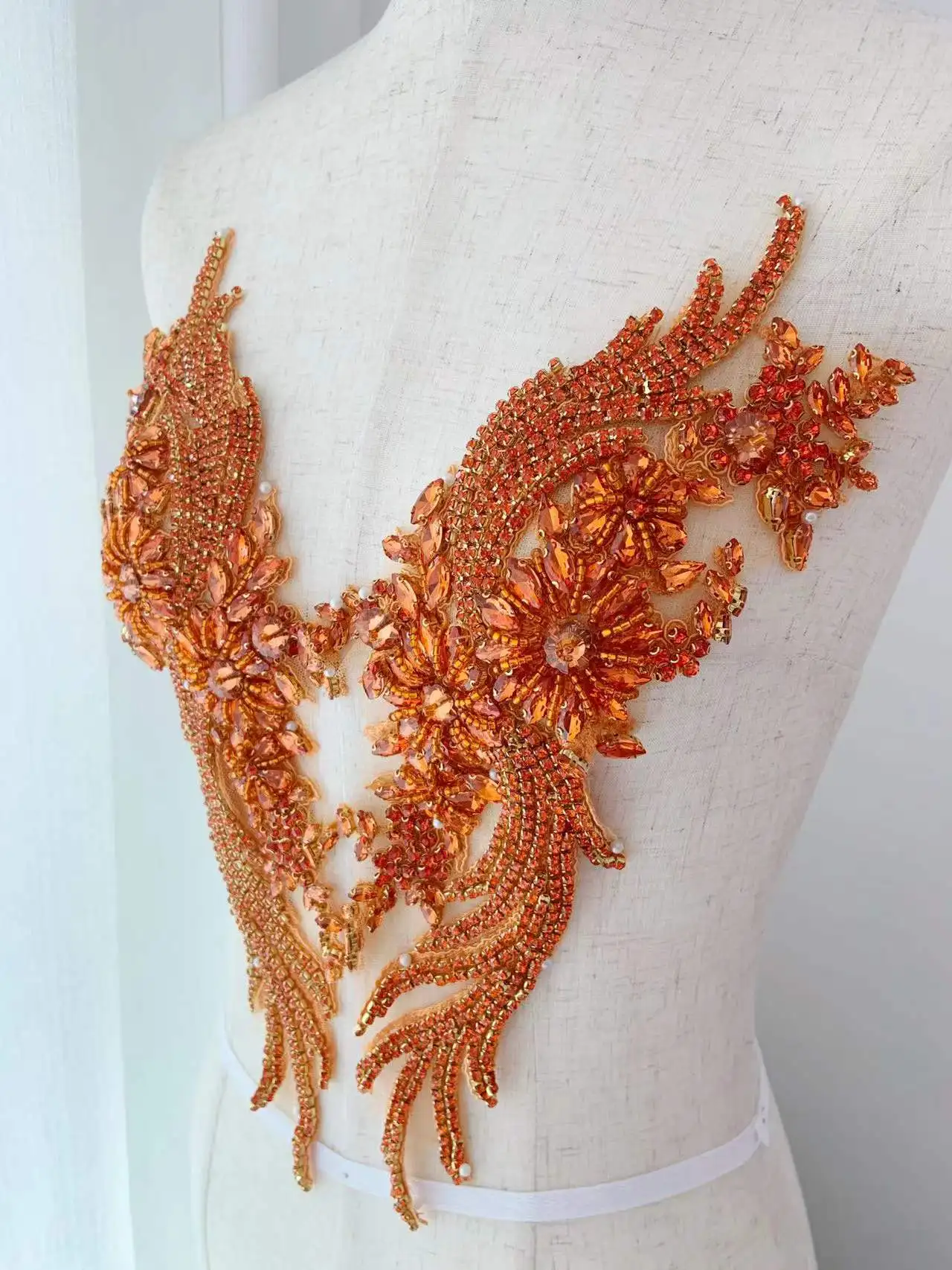 1 Pair Orange Strass Bead Rhinestone Trim Handcrafte Applique with Crystal Flower Patch,Multicolor Bridal Jewelry Dress,Clothing