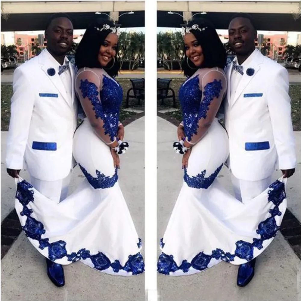 

New Royal Blue Applique White Satin Lace Aso Ebi African Dress Long Phantom Sleeve Formal Dress Pageant Wedding Dress 2024