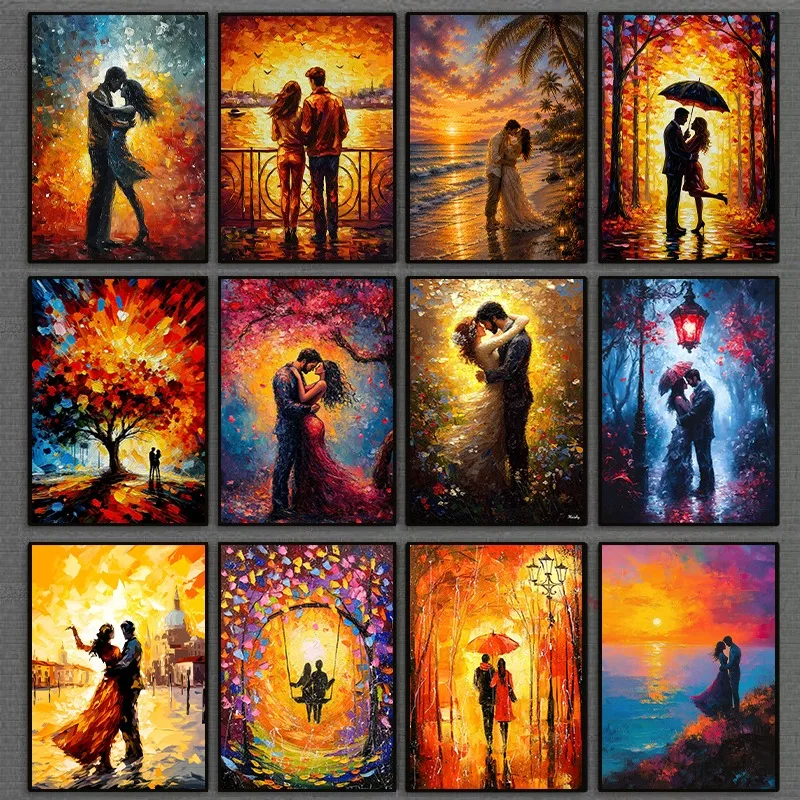 Abstract Modern Romantic Couple Kissing Poster Partner Lover Sunset Beach Landscape Canvas Painting Wall Art for Room Home Decor