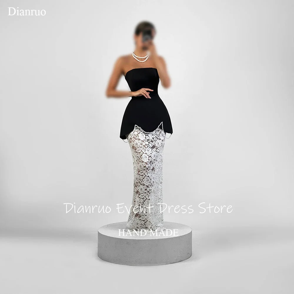 

Dianruo Strapless Ruffled Hem Evening Dress Contrast Color Appliques Vestidos De Fiesta Pearls Illusion Robe De Bal Customized