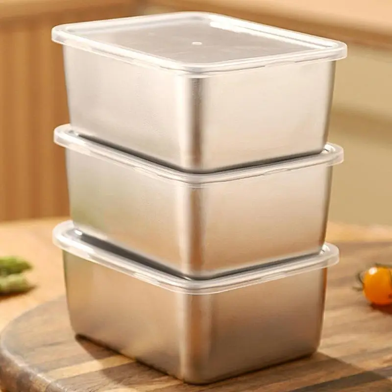 Stainless Steel Square Plate With Lid Rectangular Food Storage Pan Commercial Dish Tray Large Refreshing Lunch Box Container