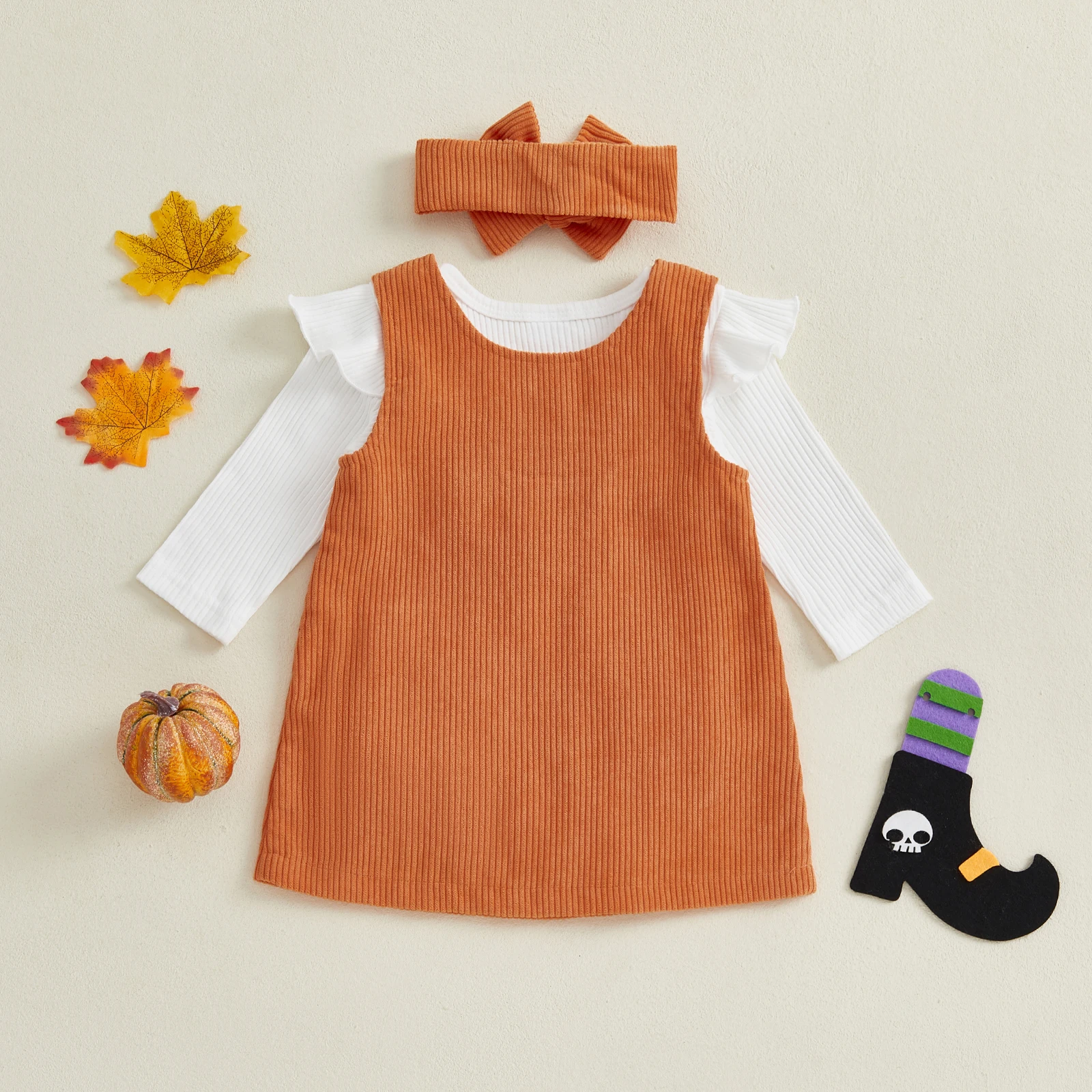 

0-18M Infant Baby Girl Halloween Clothes Solid Long Sleeve Romper Ghost Embroidery Overall Dress Headband 3Pcs Sets