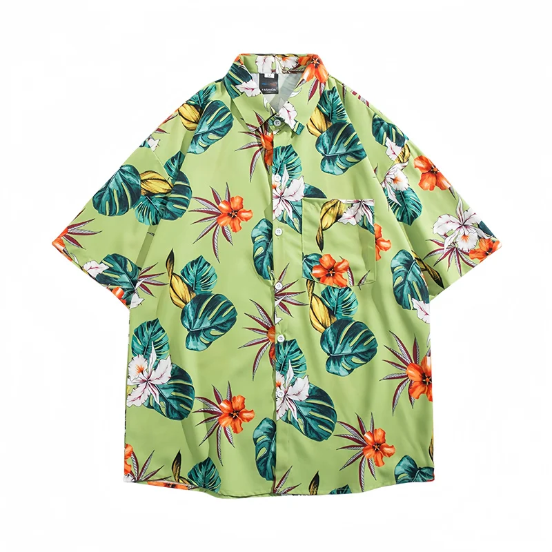 Men's Summer Seaside Vacation Short Sleeve Printed Shirt Loose Casual Handsome Versatile Top Retro Hawaiian Beach Floral Shirt