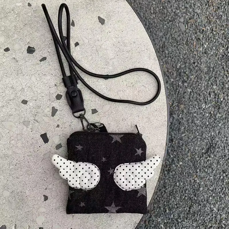 Retro Korean Harajuku Wing Pendant Mini Bag for Women Black Star Print Card Holder Earphone Case Versatile Neck Wallet Pouch