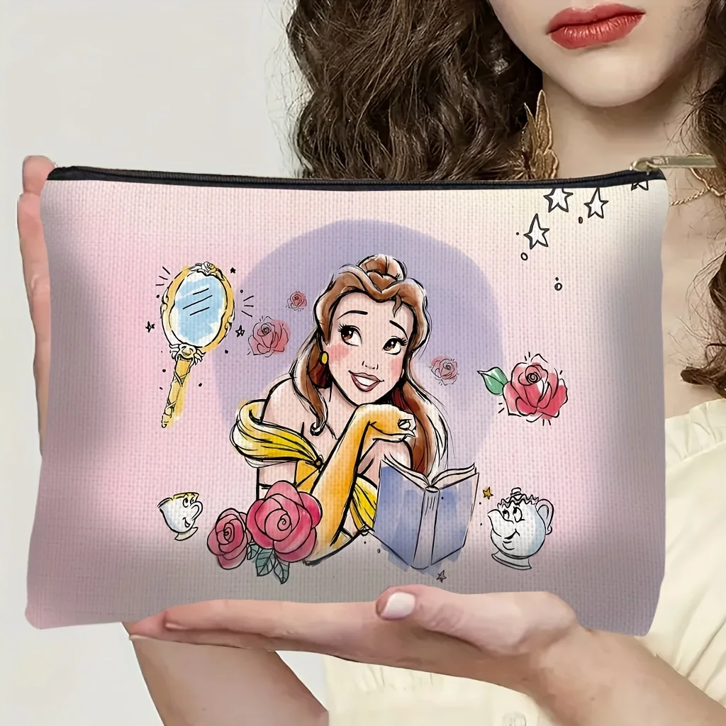1 pezzo Disney La Bella e la Bestia Borsa per il trucco del viso iconica Rose e Belle Belle - Borsa multifunzionale carina con cerniera da donna, perfetta borsa da viaggio con cerniera