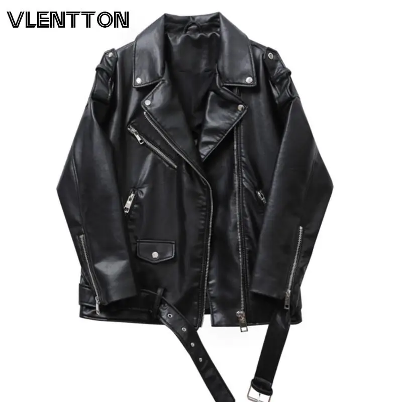 2024 Spring Autumn Women Fashion PU Imitation Leather Loose Zipper Jacket Coat Female Belt Pocket Solid Simple Casual Tops