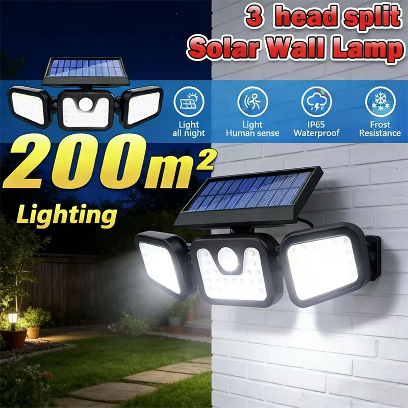 

Solar Light for Outside With Motion Sensor, 3 Adjustable Heads 270° Wide Lighting Angle, IP65 Wireless Wall Lamp for Yard Garage