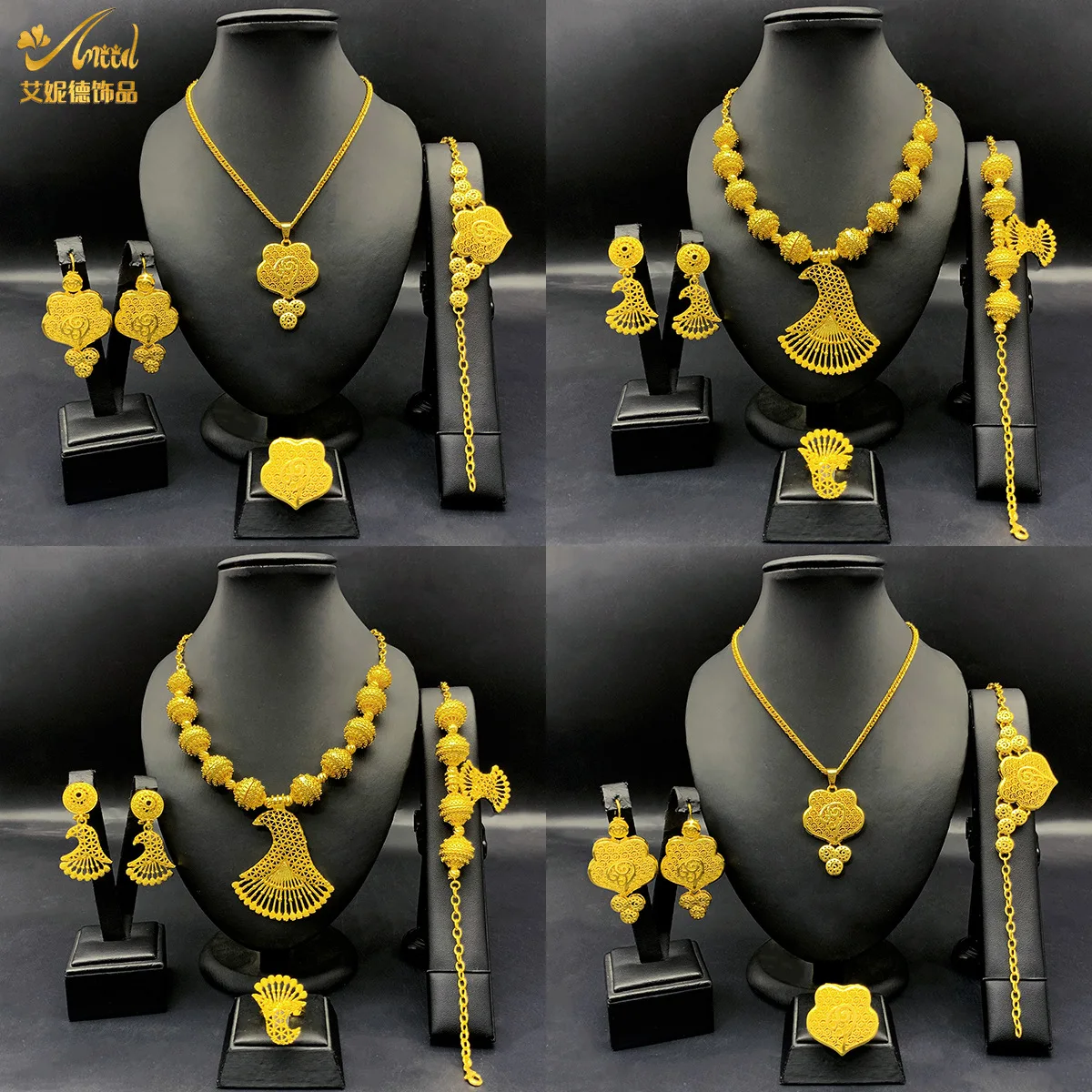 

Bride Flower Tassel Necklace Earring 4-Piece Set Women 24K Gold AU999 - Wedding-exclusive, 3D flower tassel, 24K/AU999 pure gold