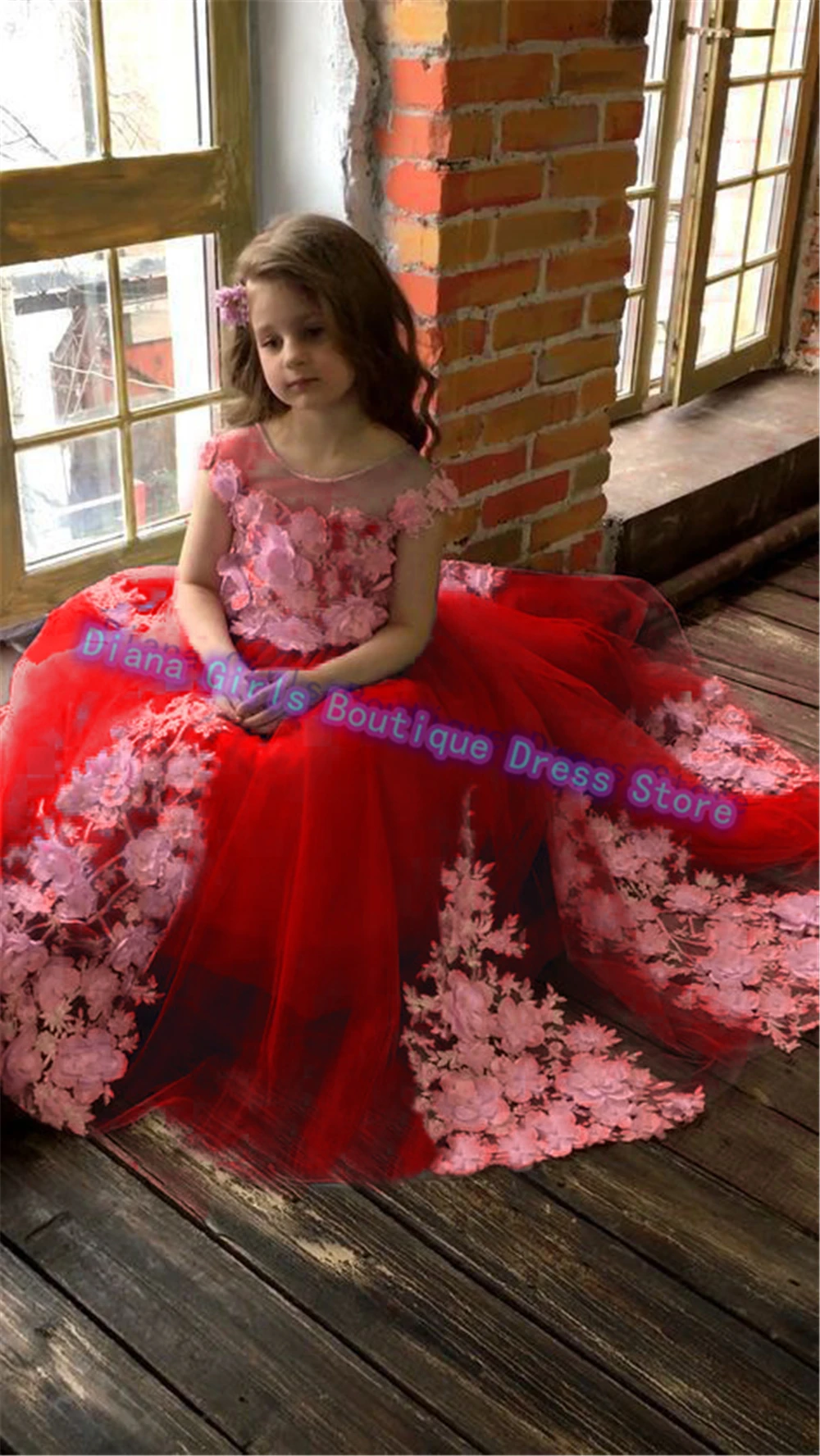 

Quality Red With Pink Applique Little Baby Flower Girls Dress Tulle Fluffy for Wedding Kids Party Girls Birthday Evening Gowns