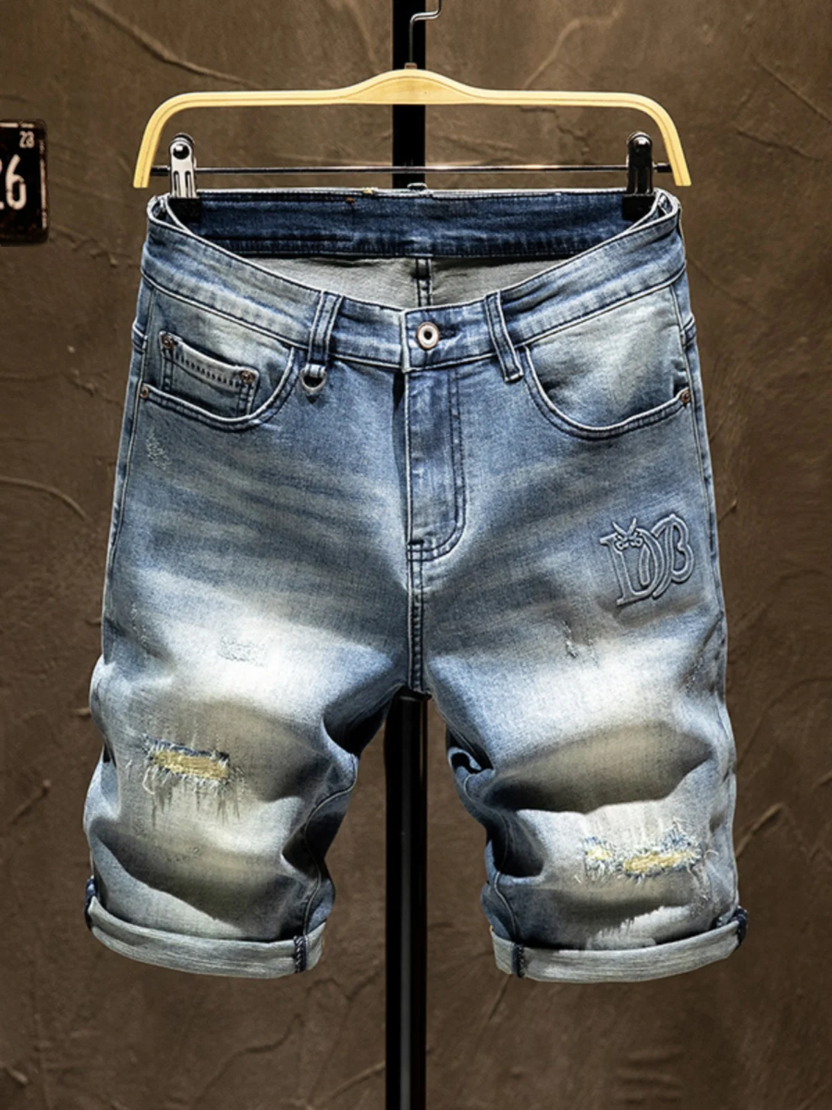 

Men's Slim Fit Five-Quarter Short Jeans Printed Denim Shorts Elastic Hole Vintage Nostalgic Thin Fashionable mid Waist Cotton...