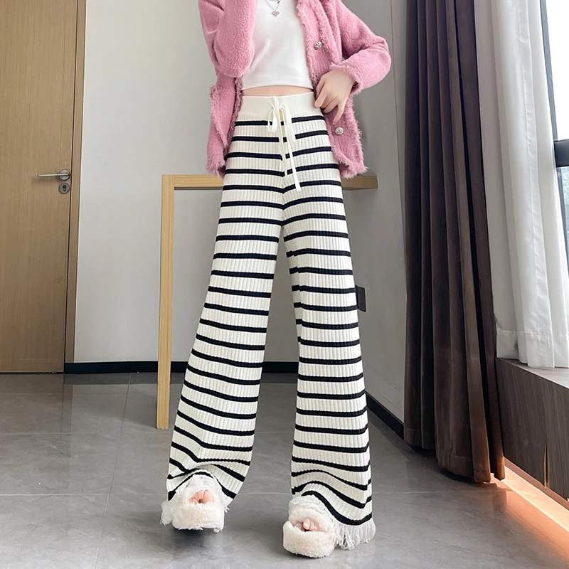 

Y2K Striped Knit Pants Women High Waist Wide Leg Drooping Straight Tassel Floor Length Autumn