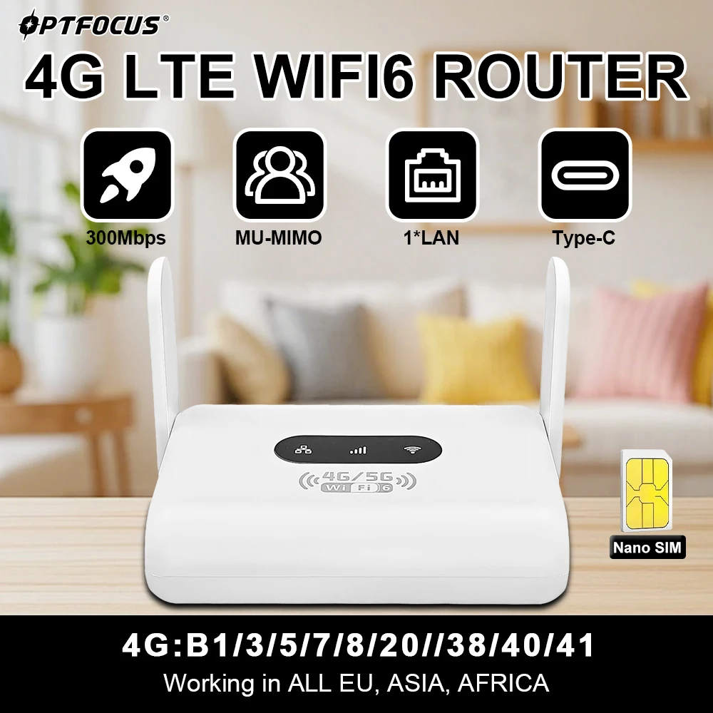 

OPTFOCUS 4G WIFI6 LTE Маршрутизатор 300 Мбит/с WIFI Модем Маршрутизатор для SIM-карты 1 LAN RJ45 Порт 2 Антенны Беспроводная точка доступа Портативный SIM-маршрутизатор