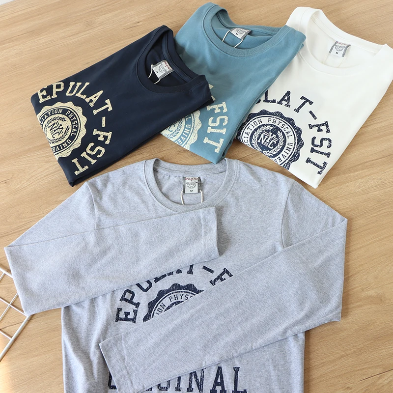 

Весенняя новая американская ретро футболка с длинным рукавом и круглым вырезом с буквенным принтом, мужская мода, свободные повседневные молодежные топы из 100% хлопка