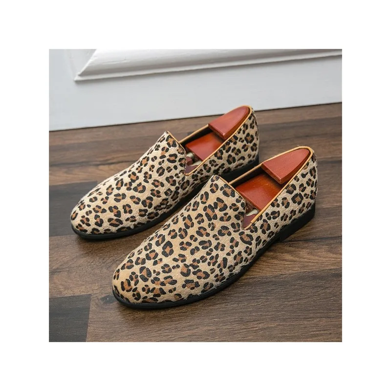 Men Leopard Pattern Dress Loafers, Fashion Office Dress Shoes