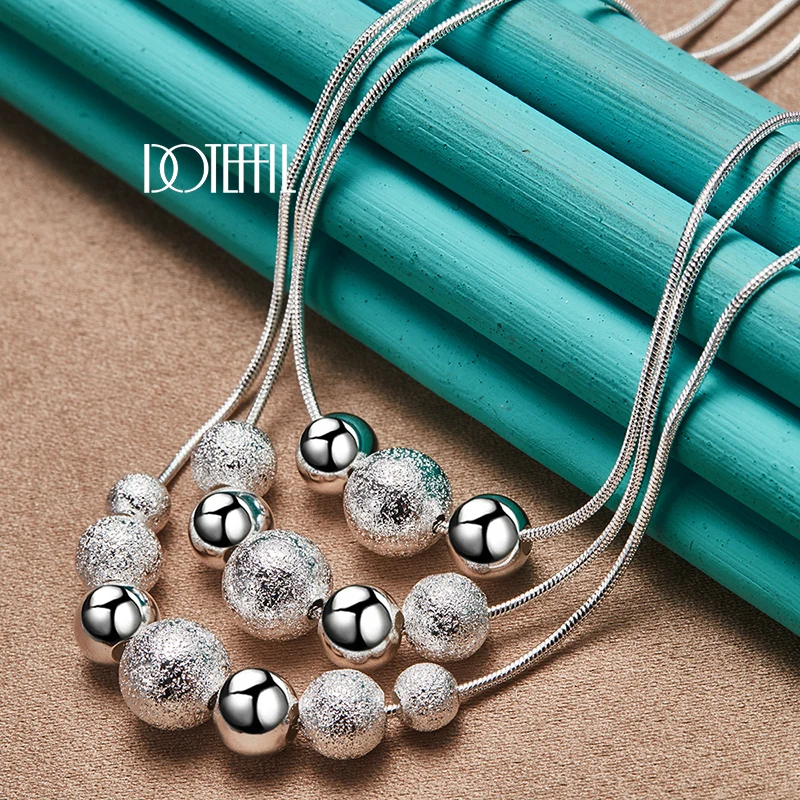 DOTEFFIL 2pcs 925 Sterling Silver Smooth Matte Bead Ball Necklace Earring Set For Woman Wedding Engagement Party Charm Jewelry