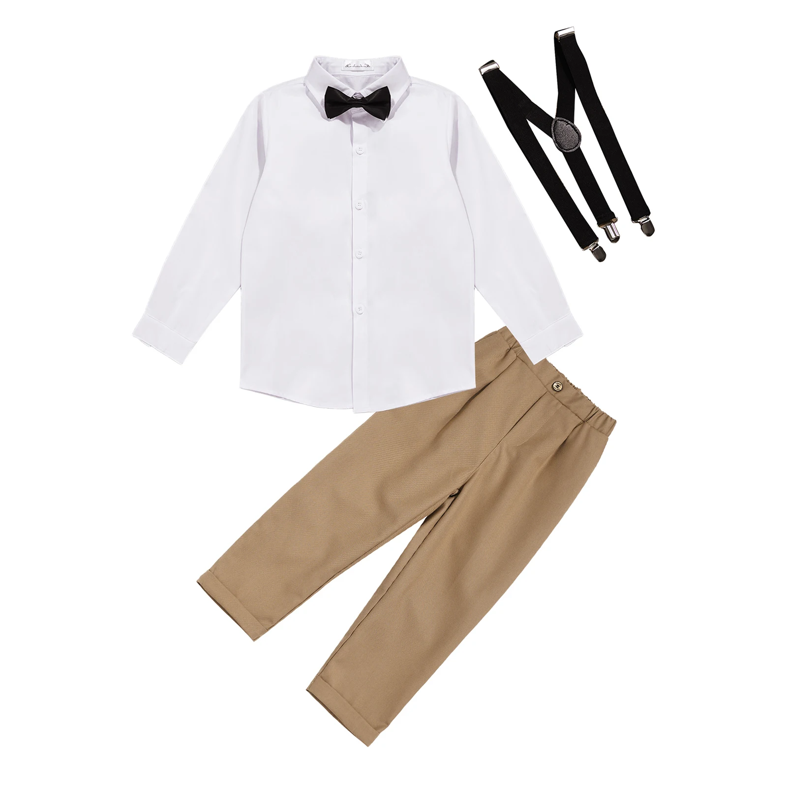 

Fashion Kids Boys Gentleman Suit Spring Autumn Long Sleeve Shirt Bowtie Suspenders Pants Outfit 4Pcs for Formal Birthday Party