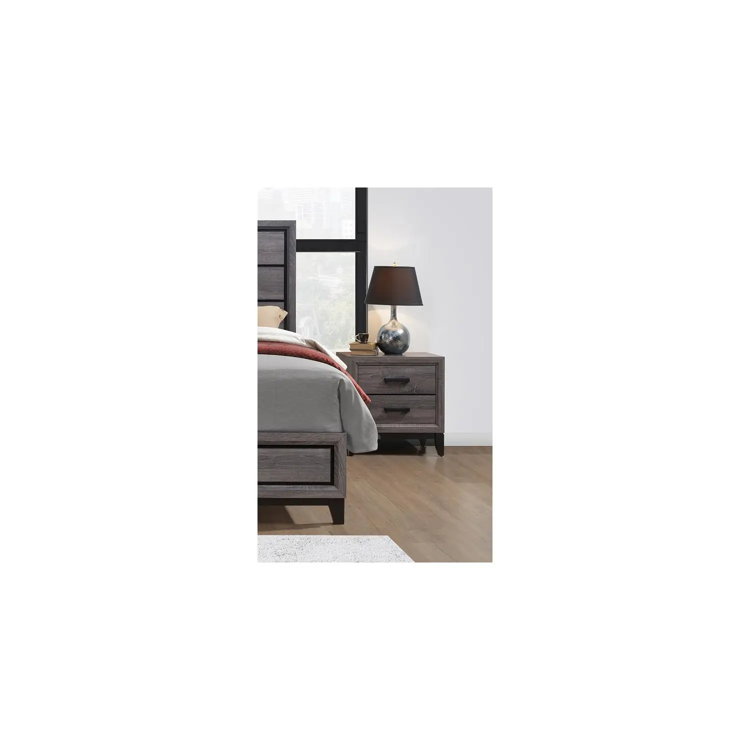 Coastal Nightstand Grey Wood 2 Drawer Black Hardware 25